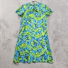 Vintage Dress Womens M Blue Green Floral Bow Neck Short Sleeve Shift Knee Length