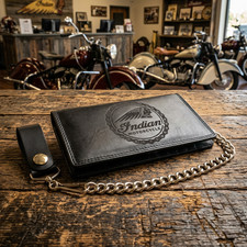 Cartera de motociclista de cuero genuino Indian Motorcycle con cadena billetera con bloqueo RFID