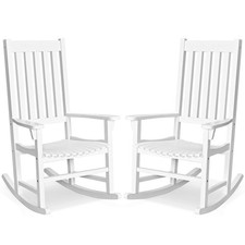 2PCS Wood Rocking Chair Porch Rocker High Back Garden Seat Indoor Outdoor White