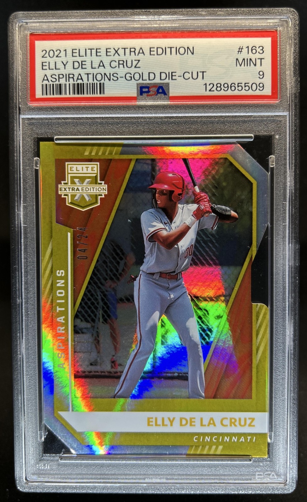 2021 Elite Extra Edition Elly De La Cruz Aspirations Gold Die Cut #/24 PSA 9 view 1