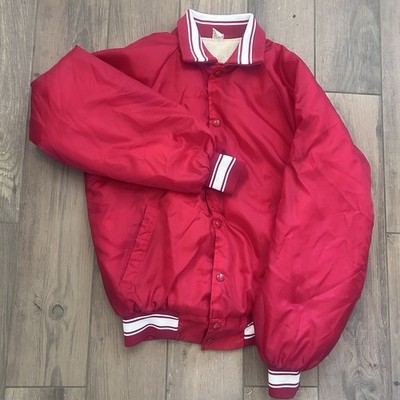 Vintage Red Satin Bomber Jacket Mens M USA Snap Front Varsity 80s