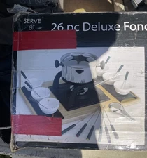 26 Pc Deluxe Fondue Set Service for Six Hot Pot Forks & Wood Serving Tray