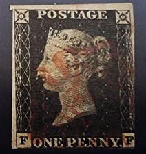 GB QV 1840 1d Penny Black Stamp Red Maltese Cross Postmark. Corner Letters F-F.