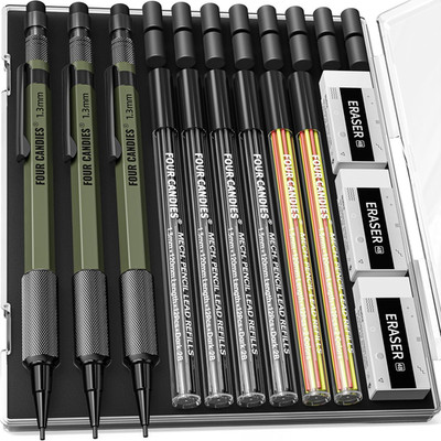 1.3Mm Mechanical Pencil Set with 72 Lead Refill, 3PCS Metal Weatherproof Body He