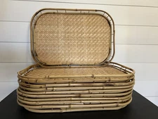 VTG MCM Boho Serving Trays 10 Bamboo Woven Rattan Wicker 19”x13” Entertaining