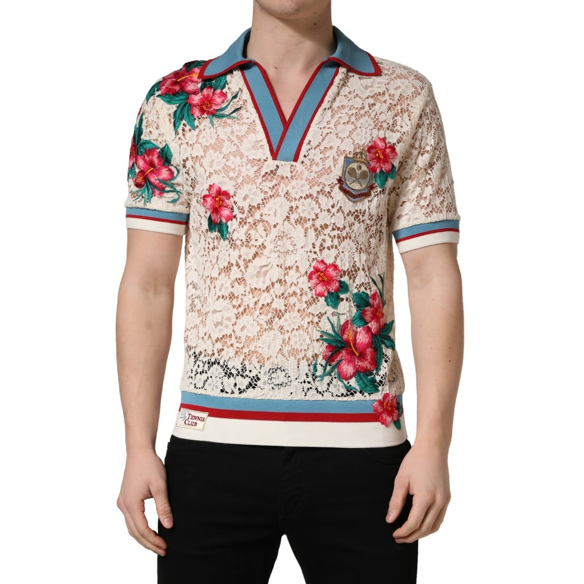 DOLCE & GABBANA T-shirt Beige Floral Tennis Club Lace Polo IT46