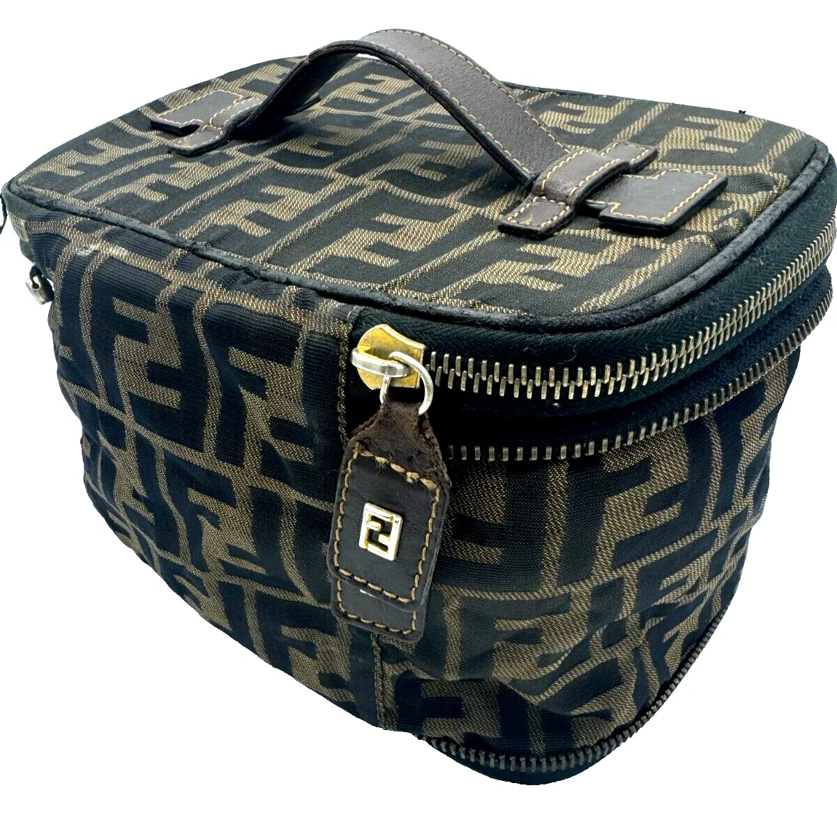 FENDI Zucca Vanity Pouch in Tela Marrone Nero Made in ITALY P0035