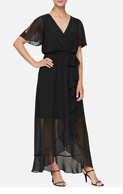 sl fashions high low dress L123310 Womens Black Ruffled Wrap Hi-lo Hem Size 6 special occasion dresses evening