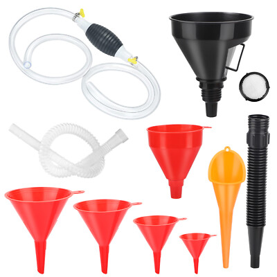 Automotive Funnels Set w/ Manual Siphon Fuel Pump for Water/Gasoline/Coolant/Oil
