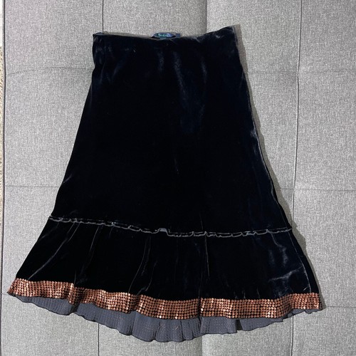 Boden Skirt Women 10R Blue Velvet Midi Ruffle Gold Sequins - Picture 3 of 12