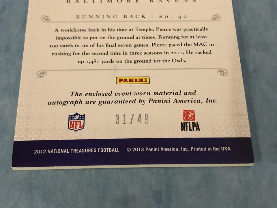 2012 National Treasures BERNARD PIERCE Rookie RC Dual Patch Auto | SP /49 Ravens - Image 4 of 4
