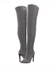 THE FIX Metallic Stretchy MIA Thigh High Sock Boot High Heel pewter