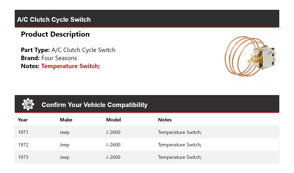 For 1971-1973 Jeep J-2600 A/C Clutch Cycle Switch 4 Seasons 1972 - Image 2 of 4