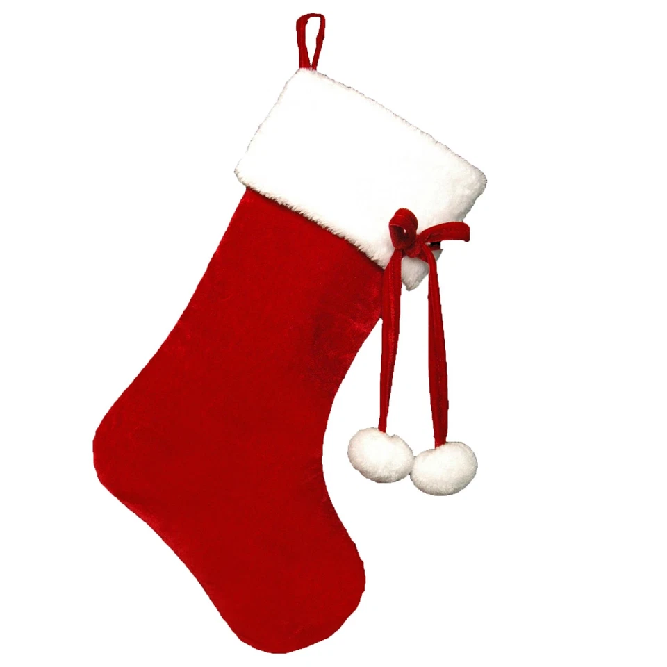 THEME MACHINE Deluxe Christmas Red Velour 54cm Stocking with White Trim and Pom Pom Ties