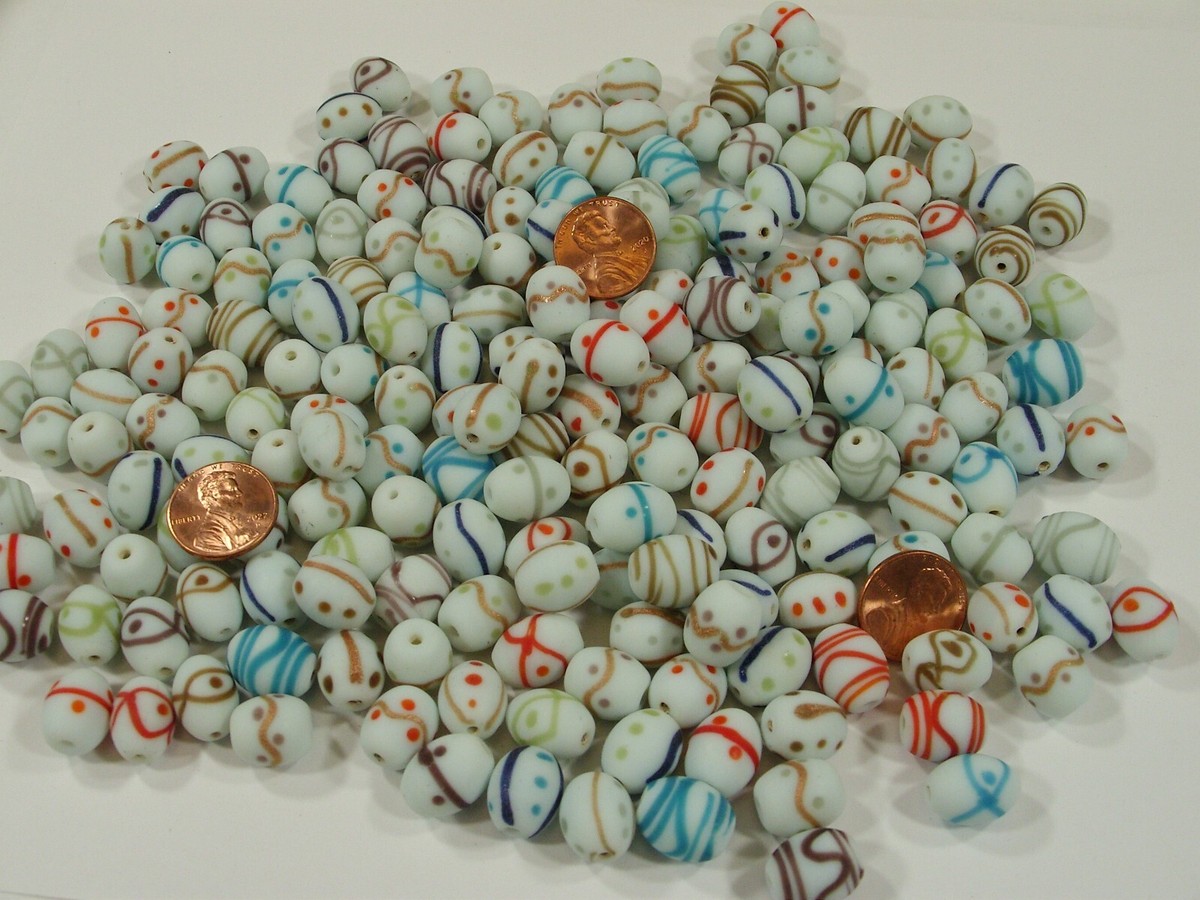 Pounds India Handmade Fancy White with Swirls Glass Beads Bulk