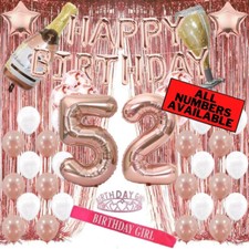 52nd Birthday Rose Gold Decorations - 40" Number Balloons, Foil Curtains  More