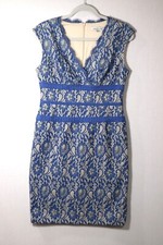Simply Liliana Sleeveless Dress Size 8 Metallic Lace Sheath Blue V-Neck