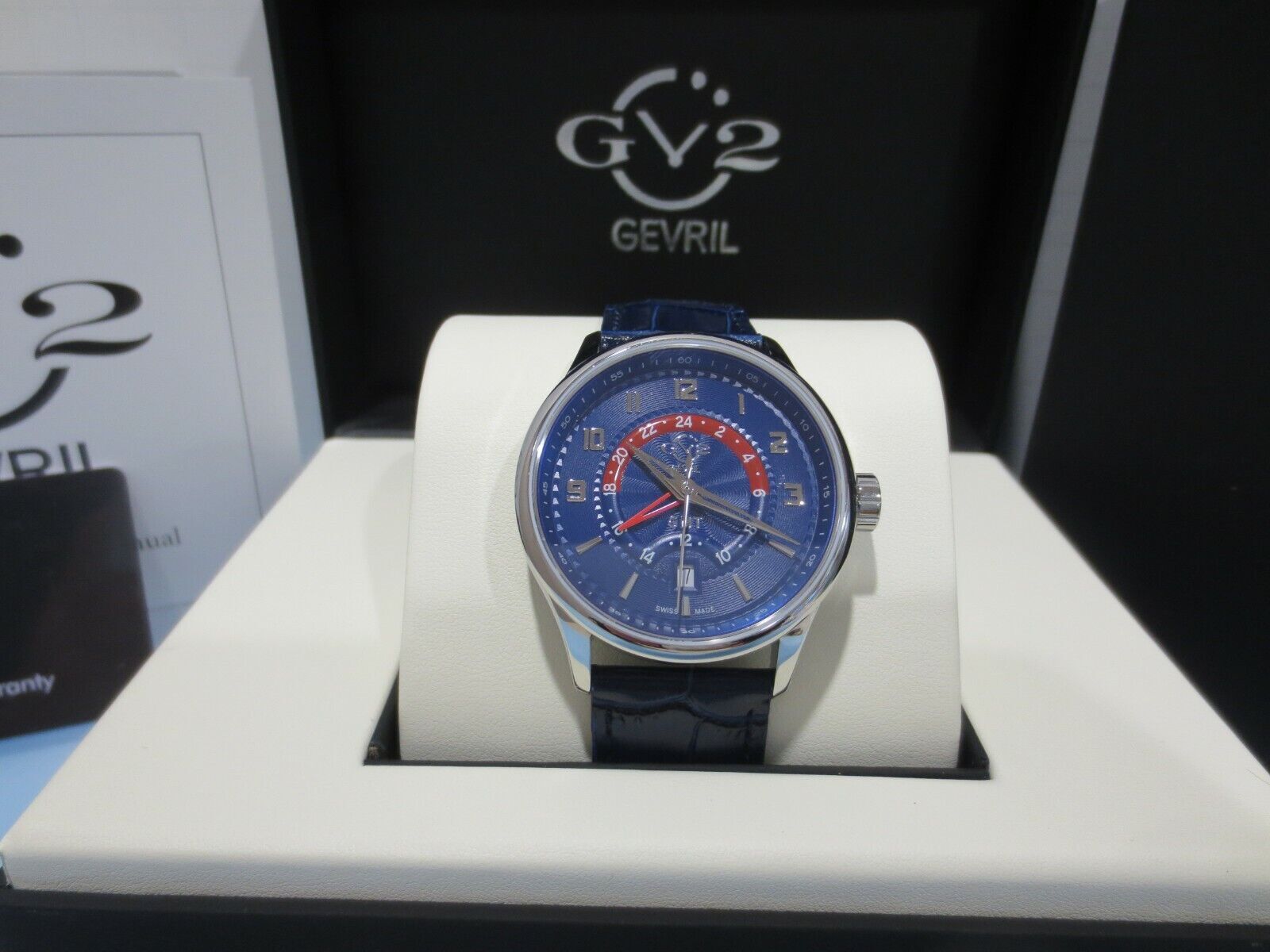 Gv2 By Gevril Men's 42302 Giromondo Blue Dial Leather Date Swiss Made GMT Watch image 3