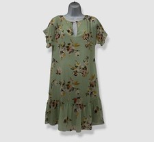 $145 Ralph Lauren Womens Green V-Neck Floral Print Crinkled A-Line Dress Size 16