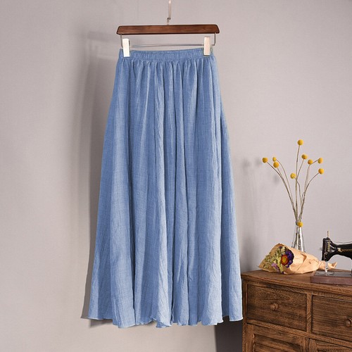 Women's Summer A-Line Stretchy Waist Cotton Linen Long Flowy Skirt Solid Color - Picture 15 of 43