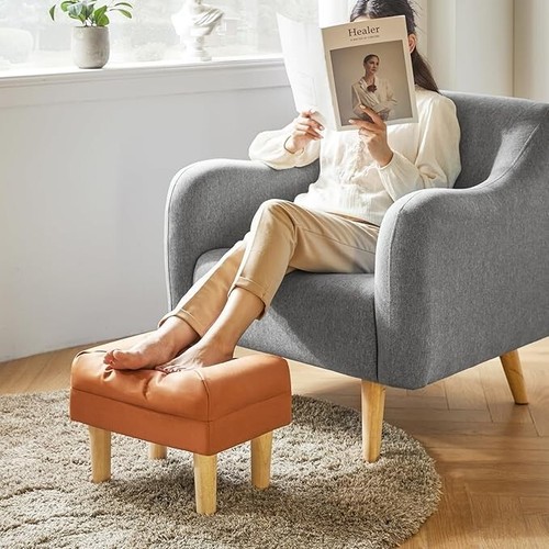 Small Footstool Ottoman, Faux Leather Footrest with Sponge Padded Seat Grey - Picture 5 of 8