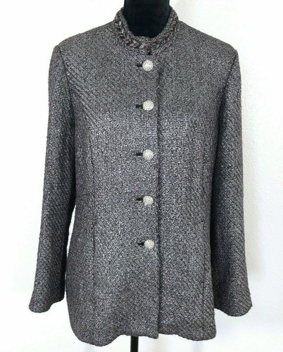 Chicos 2 Tweed Jacket Blazer Purple Silver Crystal Buttons Sz L Pockets Buttons