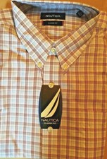 NWT NAUTICA CLASSIC FIT BUTTON DOWN DRESS SHIRT BLUE BROWN PLAID 16.5 34/35