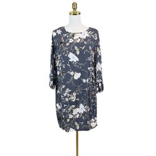 Old Navy Floral Shift Dress Size M Gray Botanical Bird Print 3/4 Sleeves