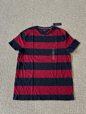 NWT TOMMY HILFIGER Big Stripes Maroon Navy Blue T-Shirt Flag Logo Size M Medium