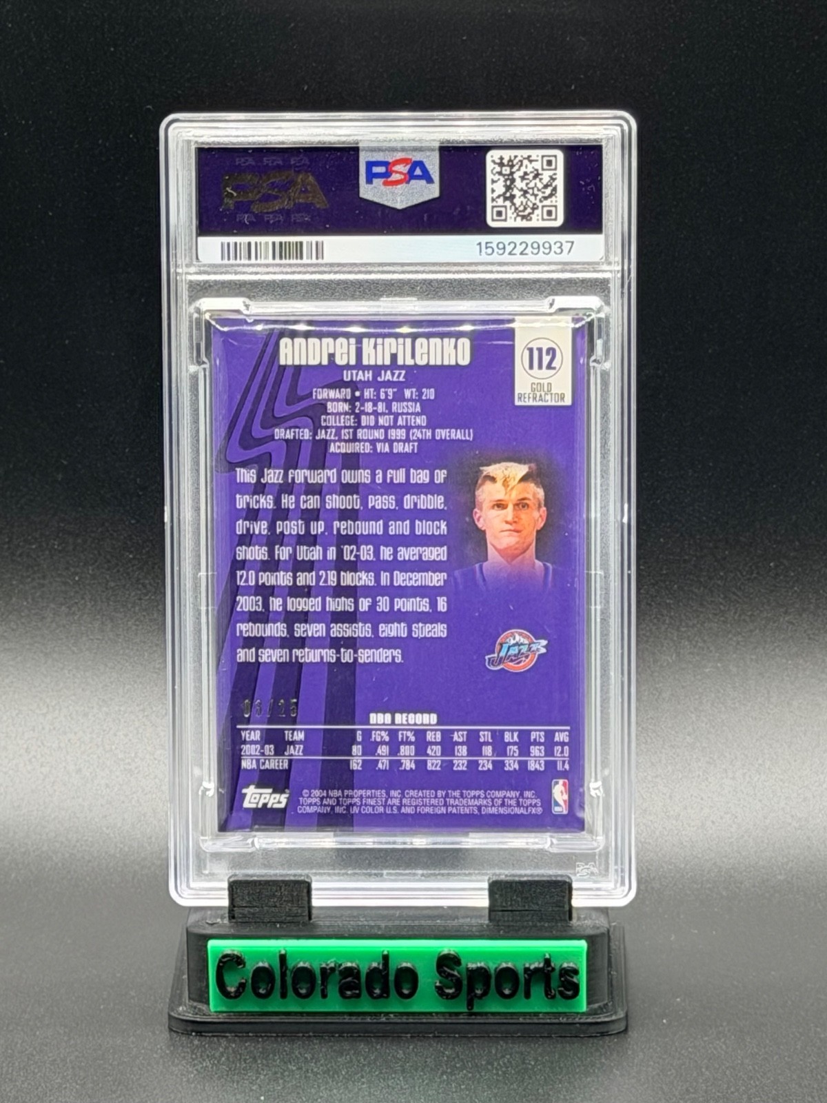 ANDREI KIRILENKO 2003-04 Topps Finest Game-Worn Patch Gold Refractor 03/25 PSA 8 view 2