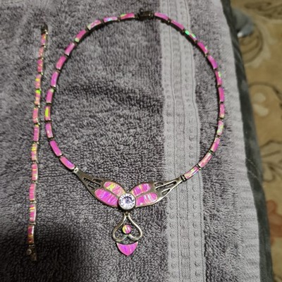 Sterling Silber 17'' Rosa Feueropal Statement Halskette mit passendem Armband 