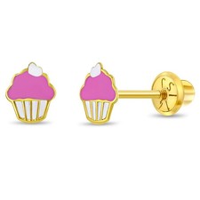 14k Yellow Gold Pink  White Enamel Cupcake Screw Backs for Young Girls-Preteens