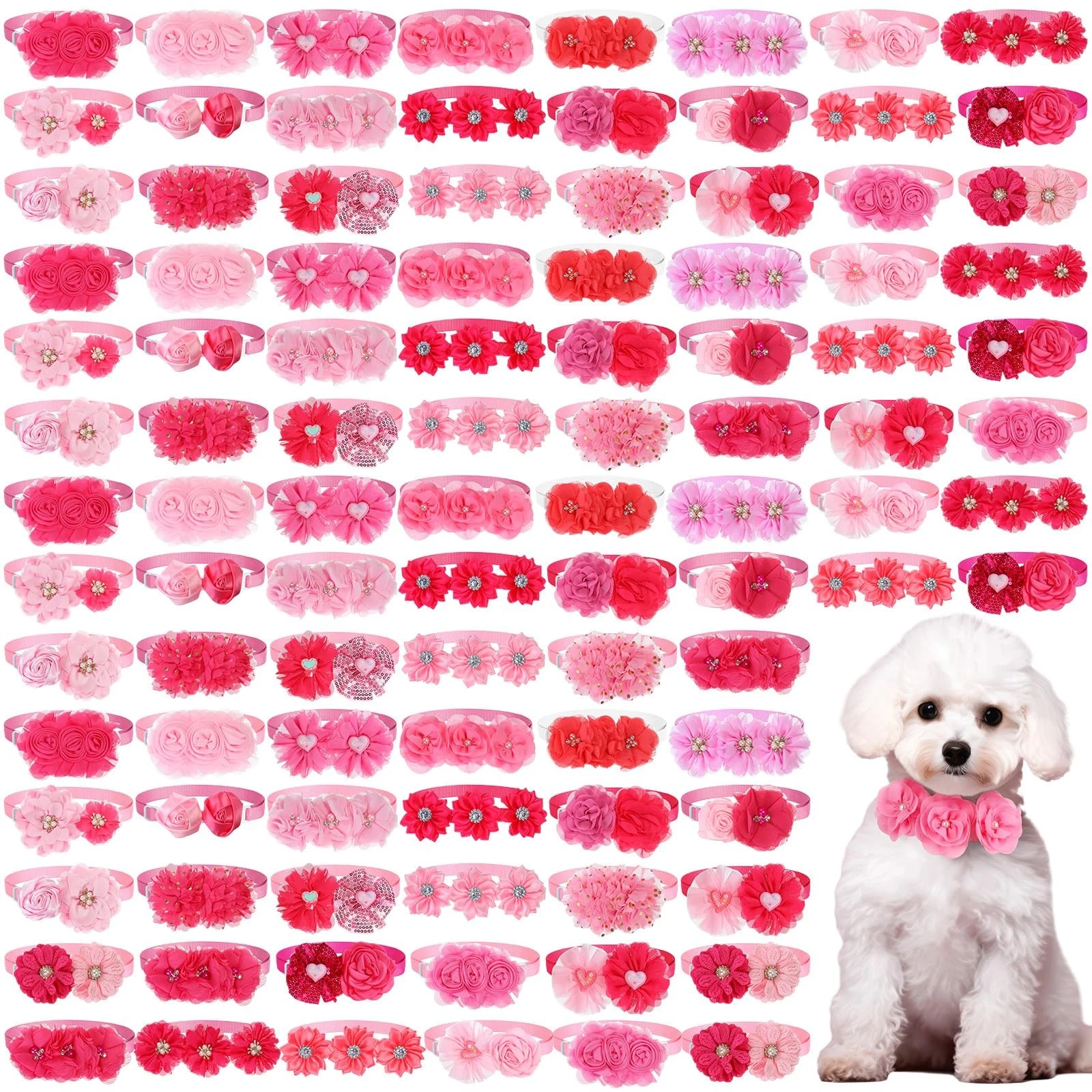 100 Pcs Pink Dog Collar Flowers Bows Dog Grooming Collar Bulk Adjustable Pet ...