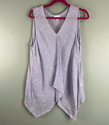 J. Jill Women 100% Linen Tunic Top Size LG Blue Sleeveless V-Neck Sharkbite Hem