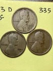 1911-D, 1912-D, 1913-D LINCOLN WHEAT CENT 3 COIN SET, VG condition, #335
