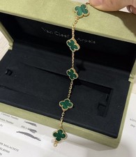 Authentic Van Cleef Arpels Vintage Alhambra Malachite 5 Motif 18k Gold Bracelet
