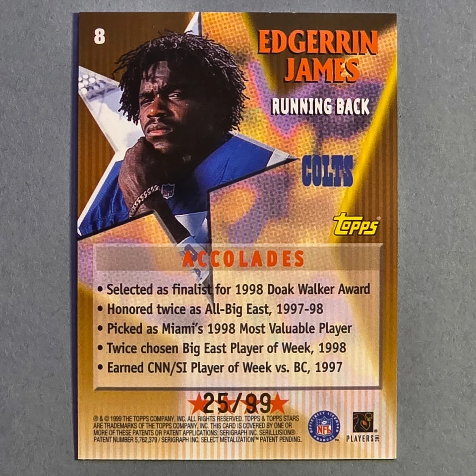 1999 Topps Stars Edgerrin James RC STARCARDS 4 Star Rainbow Foil SP #d/99 Rookie - Image 2 of 2