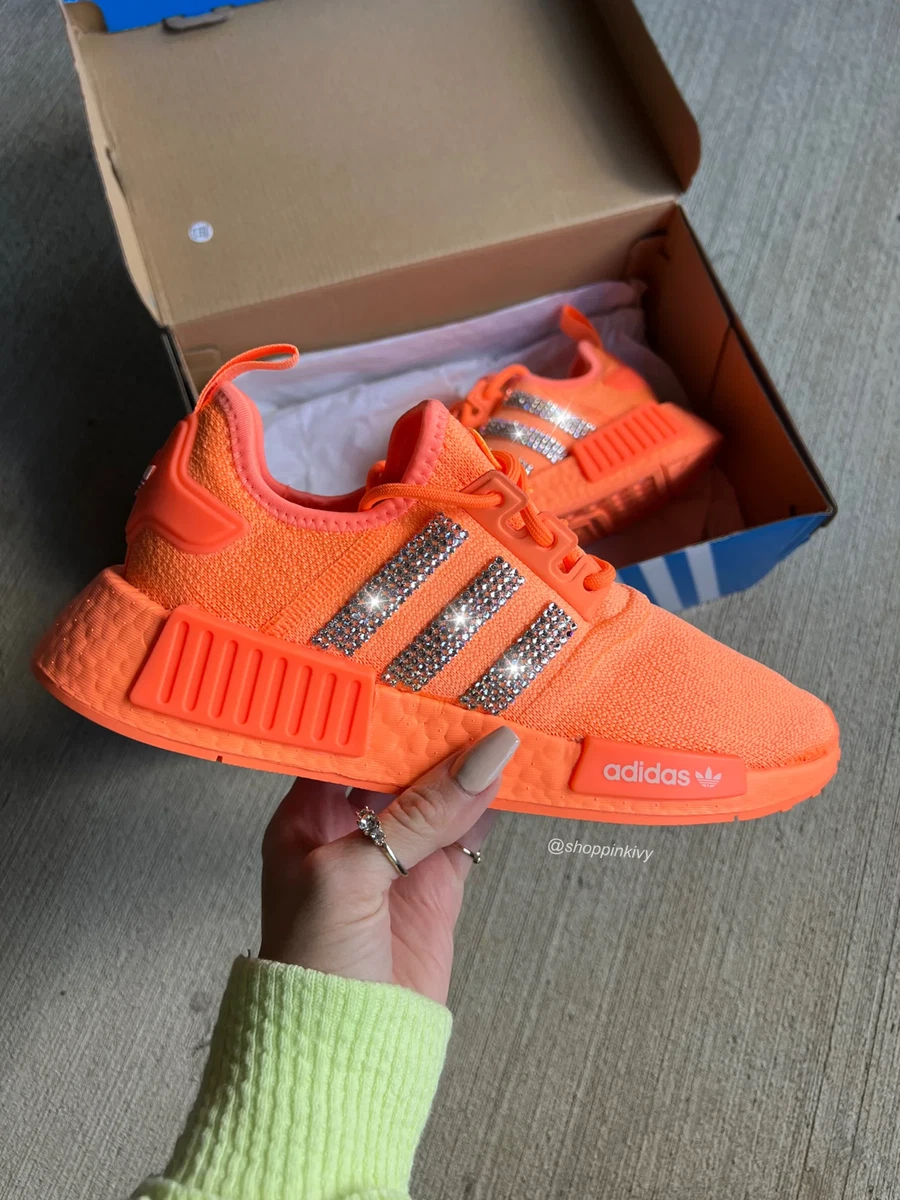 Womens Bling Adidas Originals NMD Custom Bling Crystal Sneaker Neon Orange