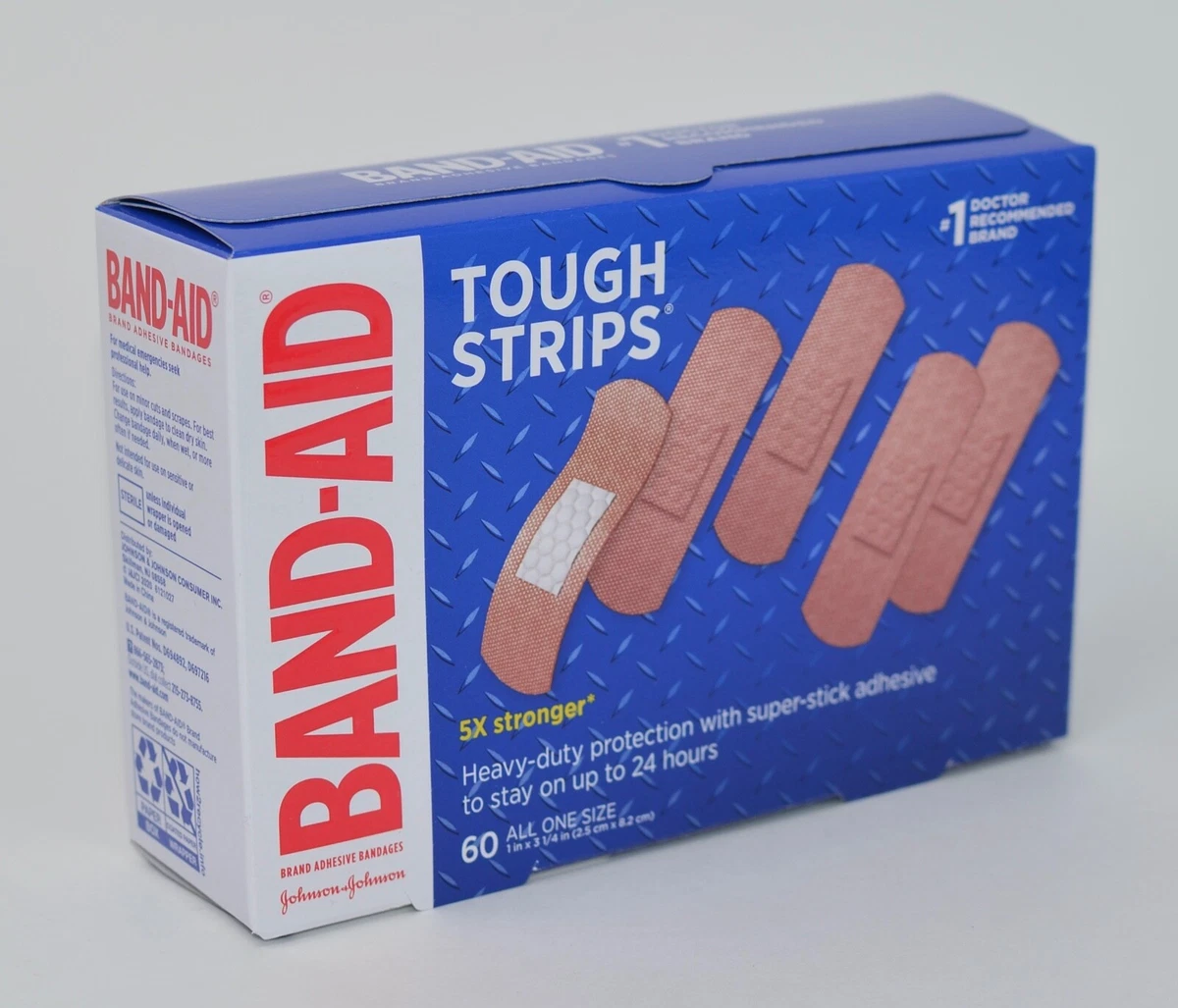 60 BAND-AID BRAND ADHESIVE BANDAGES TOUGH STRIPS BOX 5X STRONGER HEAVY DUTY  OS