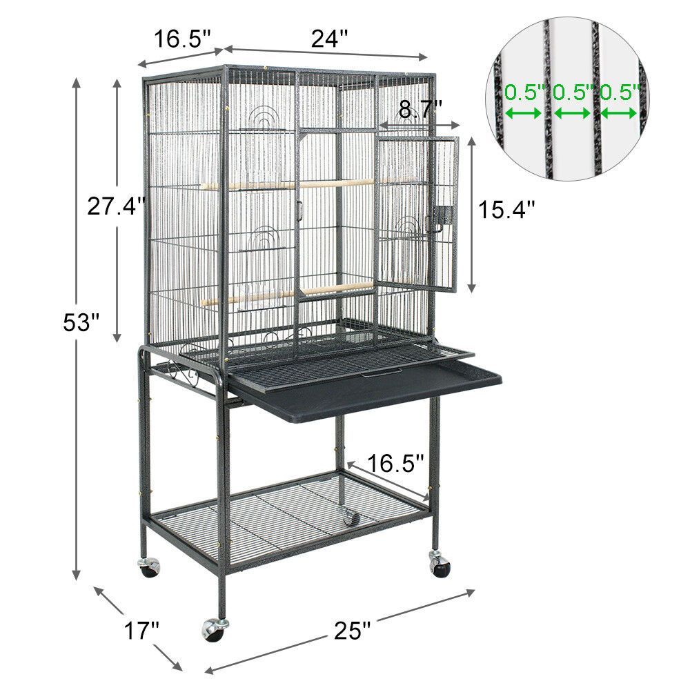 53 Inch Flight Bird Cage Large Wrought Iron Parrot Cage with Rolling Stand Black