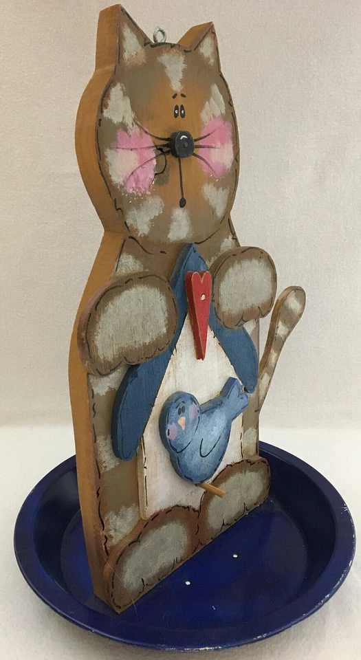 VTG Wood And Metal Hanging "Cat & Blue Bird" Feeder Hand Made Signed 14.5" Tall - Image 2 of 4