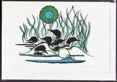 FAMILY OF LOONS - by Cree artist Arnold James Isbister - New 6'' x 9'' Art Card