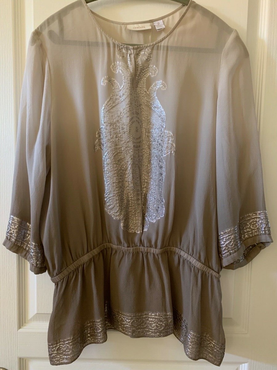 Haut Ombré Métallisé Et Soie Chico's - Taille 2, Couleur Taupe, 3/4 Manches, Neuf Sans étiquettes