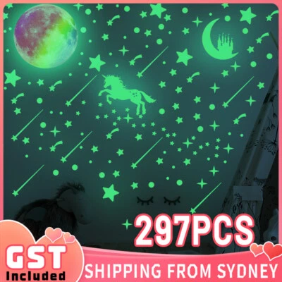 297pcs Glow In The Dark Rainbow Moon Stars Unicorn Wall Sticker Kids Room Decor - image 1 of 4