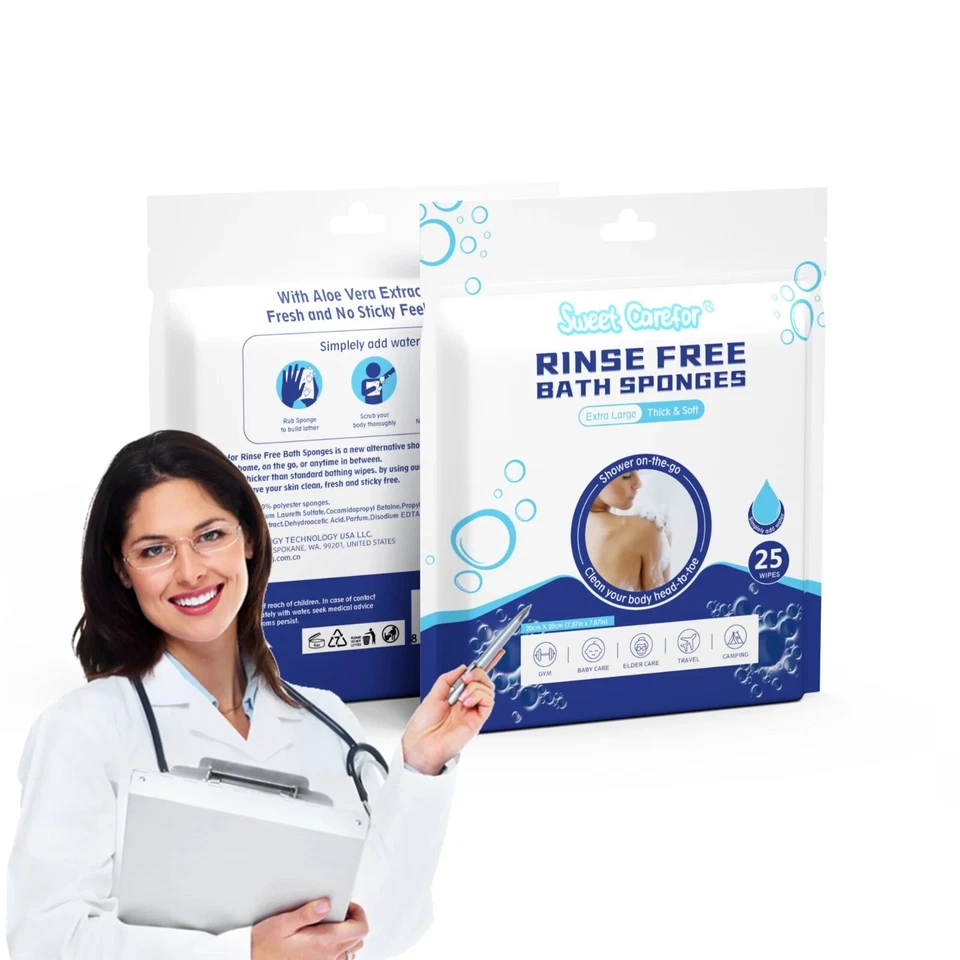 Sweet Carefor Rinse Free Bath Sponge, Body Wash Wipes for Bathing(2 packs of 25) - Image 3 of 4