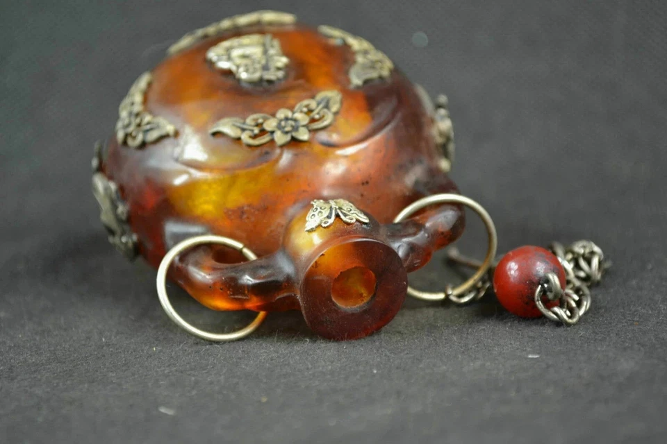 Китай старый Тибет серебро янтарь резной бабочка Будда статуи табак бутылка - Изображение 2 из 4