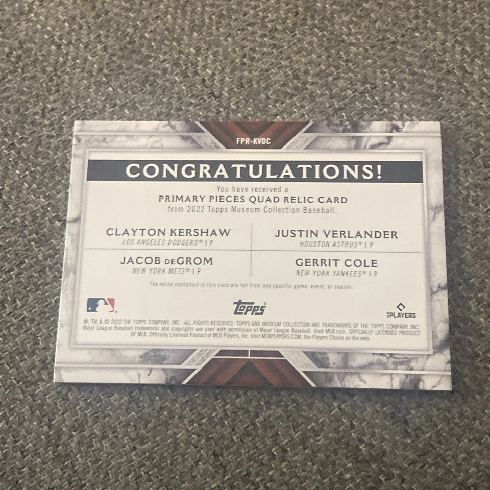 Clayton Kershaw Justin Verlander Gerrit Cole Jacob Degrom 2022 Museum Jersey /75 - Image 2 of 2