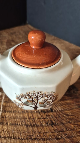 Vintage Ceramic Teapot Ivory & Orange Autumn Woodland Trees & Owls Theme - Picture 5 of 23