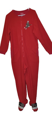 Nick & Nora Footie Fleece Red Pajamas Size Large SOCK MONKEY  Zip Up Footed PJs