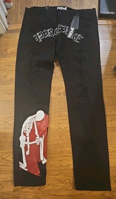 NWT Preme Jeans Men s 42x34 Black Distressed Skeleton Goth Grunge Denim Spellout